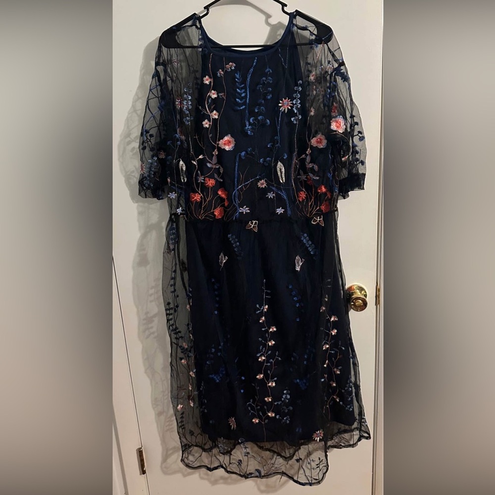 Floral Embroidered Sheer Midnight Blue Dress